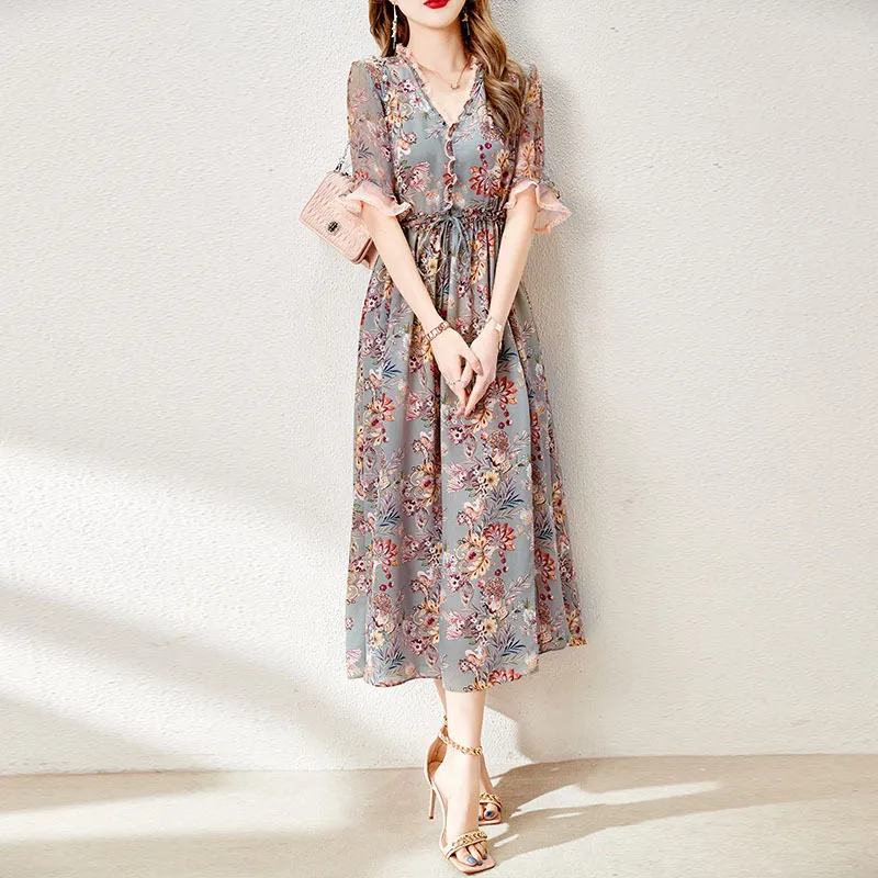 

Dress 2021 new thin section printing fashion age reduction French temperament floral mid-length skirt