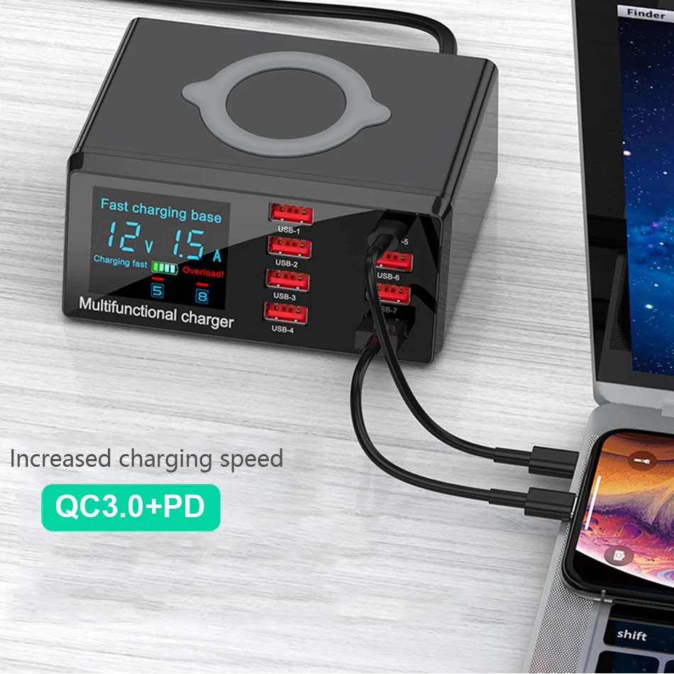 Беспроводное зарядное устройство с 8 USB-портами и поддержкой быстрой зарядки 100 3 0