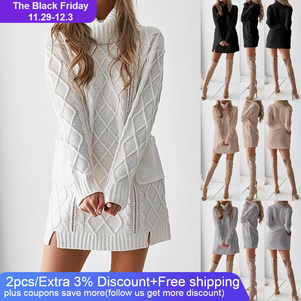 2019 платье Женский Зимний Свитер Вязаный Водолазка Теплый длинный рукав карман