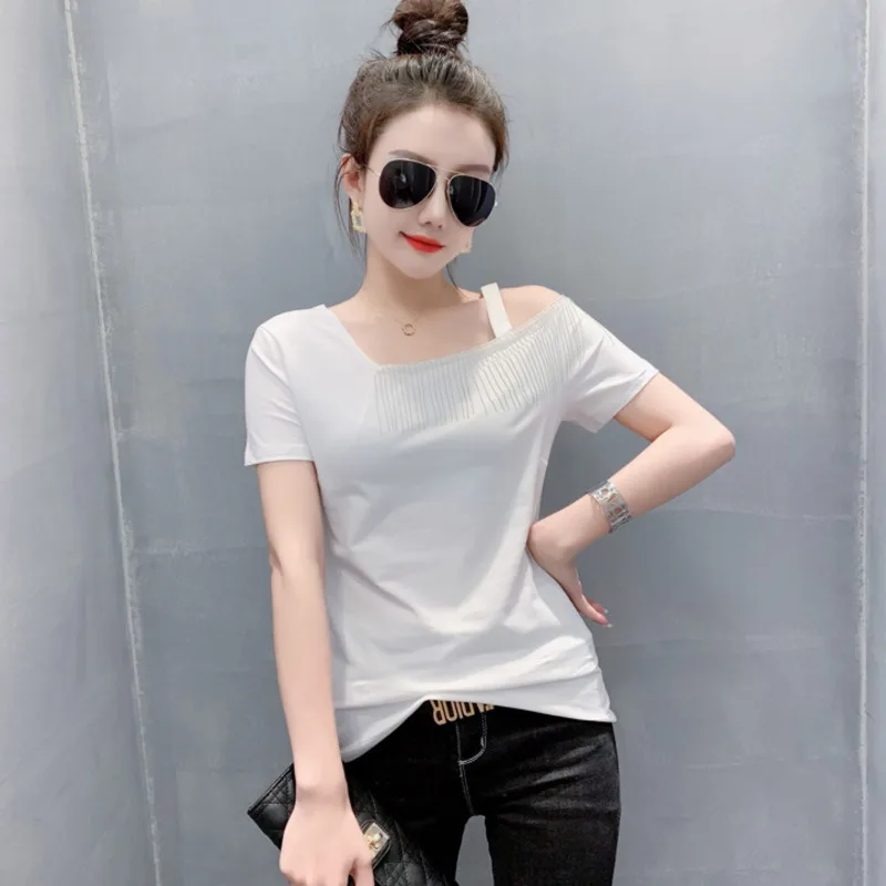 #7221 летняя черная белая серая Асимметричная футболка с воротником и коротким