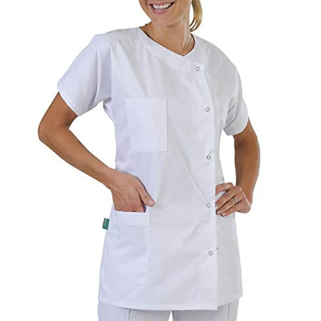 

2021 Plus Size White Women Nurse Uniform Blouse Shirt Fashion Solid Color Multi-Pocket Button Short Sleeve Lady Loose Shirt Tops