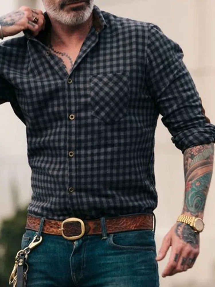 2021 New Western Denim Plaid Shirt National Style Men Slim Long Sleeve Casual Party Shirt Men's Shirt USA Size