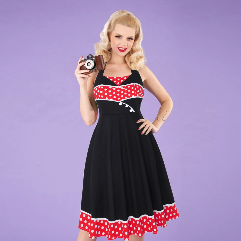 Женское винтажное платье в горошек на пуговицах с открытой спиной | Женская