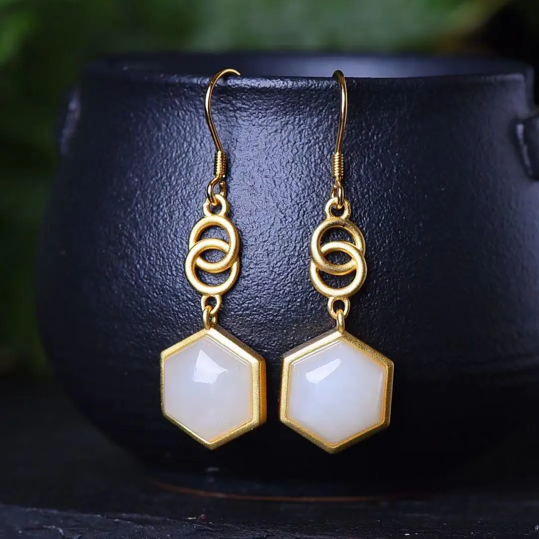 

Natural 925 silver inlaid Hetian jade hexagonal diamond earrings