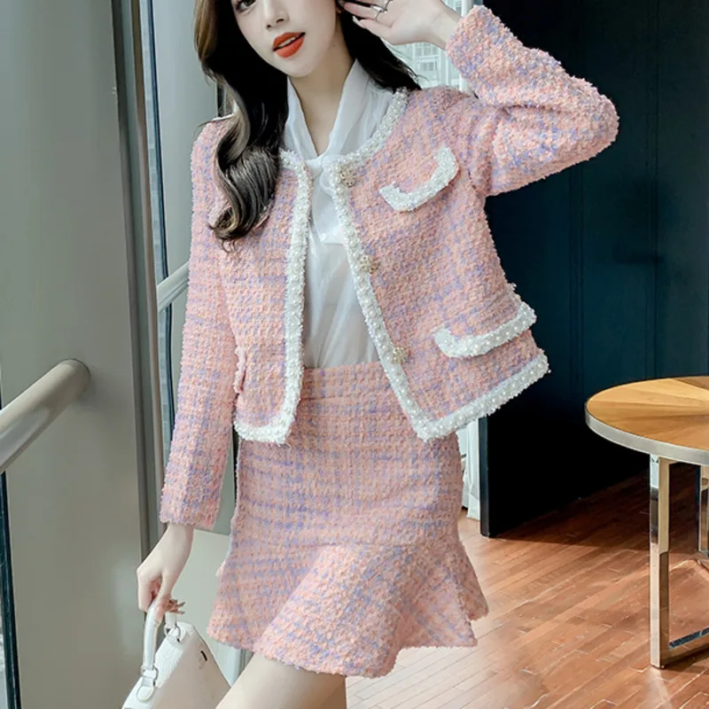 

Женский элегантный твидовый костюм, костюм из двух предметов, куртка с бисером и юбка-годе, Осень-зима 2021