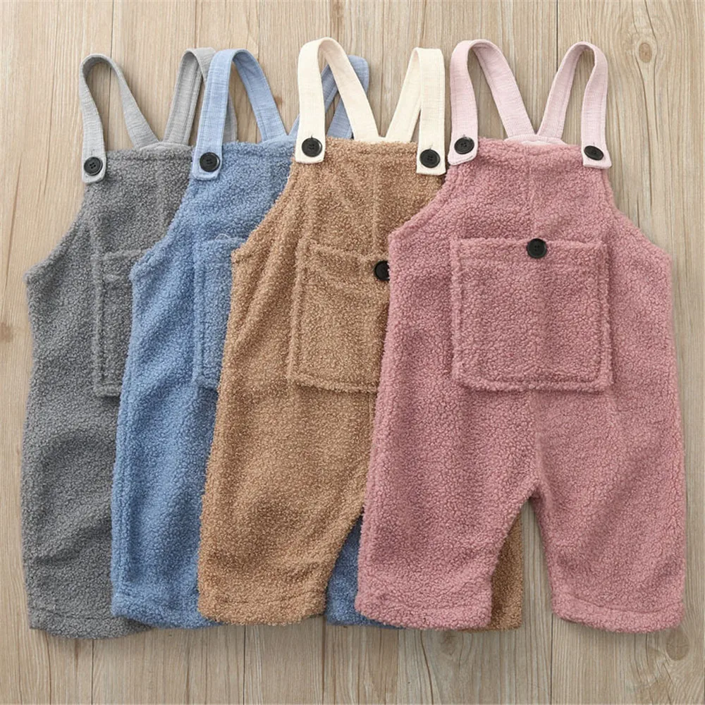 

2021 Autumn Winter Kids Girls Warm Plush Overalls Toddler Baby Solid Strapless Button Loose Pocket Fleece Suspender Trousers