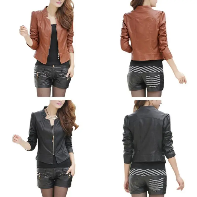 

Winter Sexy Street Style Casual Jacket Lady PU Leather Slim Motorcycle Coats Women Solid Color Zipper Outer Wear