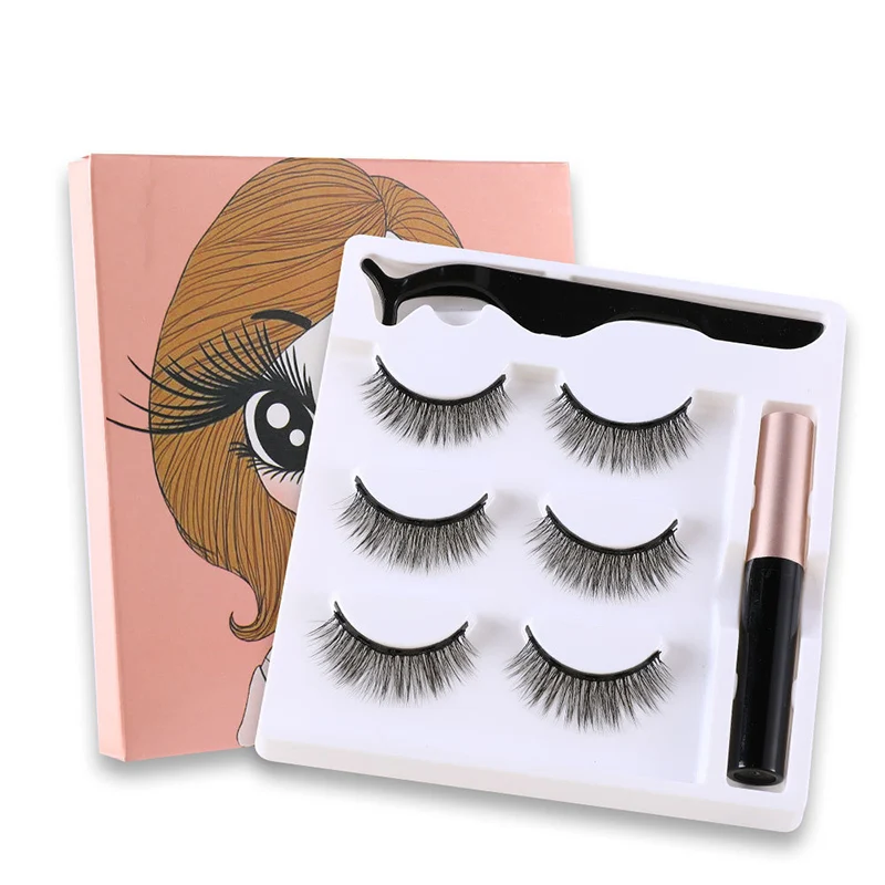 

Makeup 3 pairs of magnetic eyelashes + liquid eyeliner + tweezers, waterproof long lasting eyelash extension eyelash set