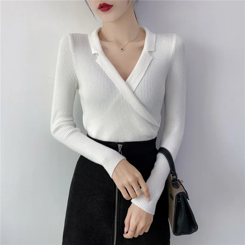 

Bottom Shirt Spring-autumn-winter 2021 New Women's Pullover V-neck Sweater Knitted Long-sleeved Top Casual bsico jersey mujer