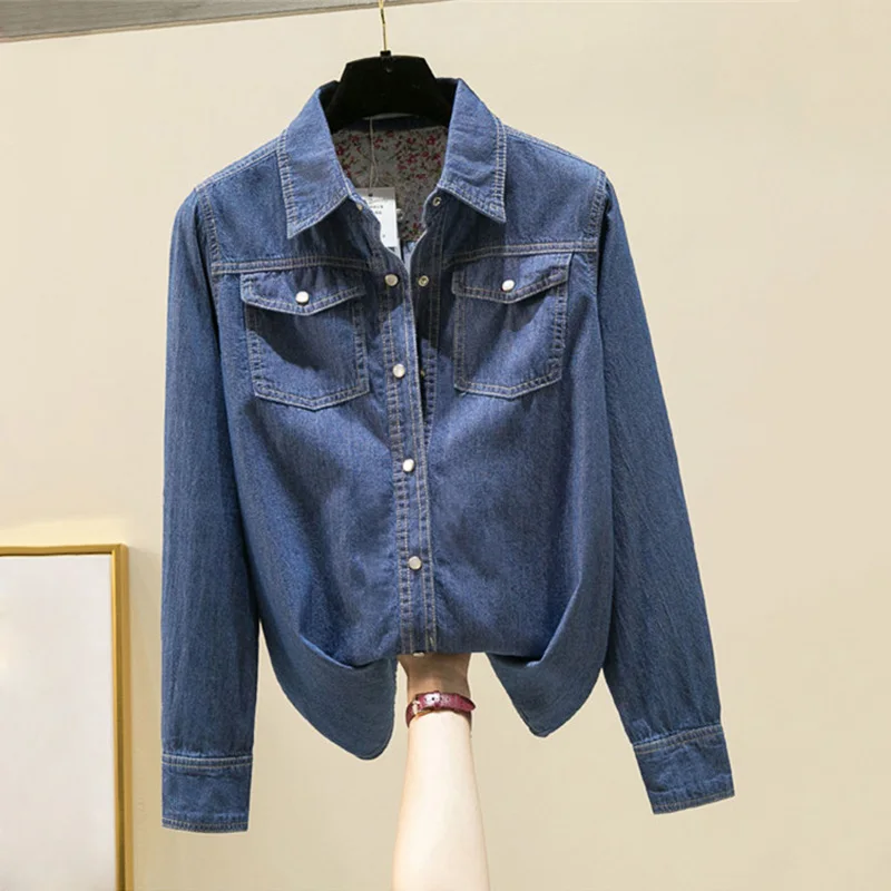 Женская джинсовая рубашка с длинным рукавом весна размера плюс