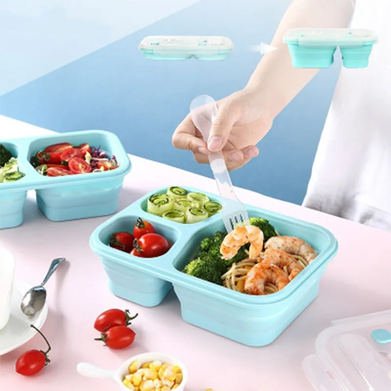 

Outdoor Folding Silicone Lunch Box Divided Into 2/3 Grid Lunch Box Microwave Bento Box Fresh-keeping Box Portable Grid Lunch Box