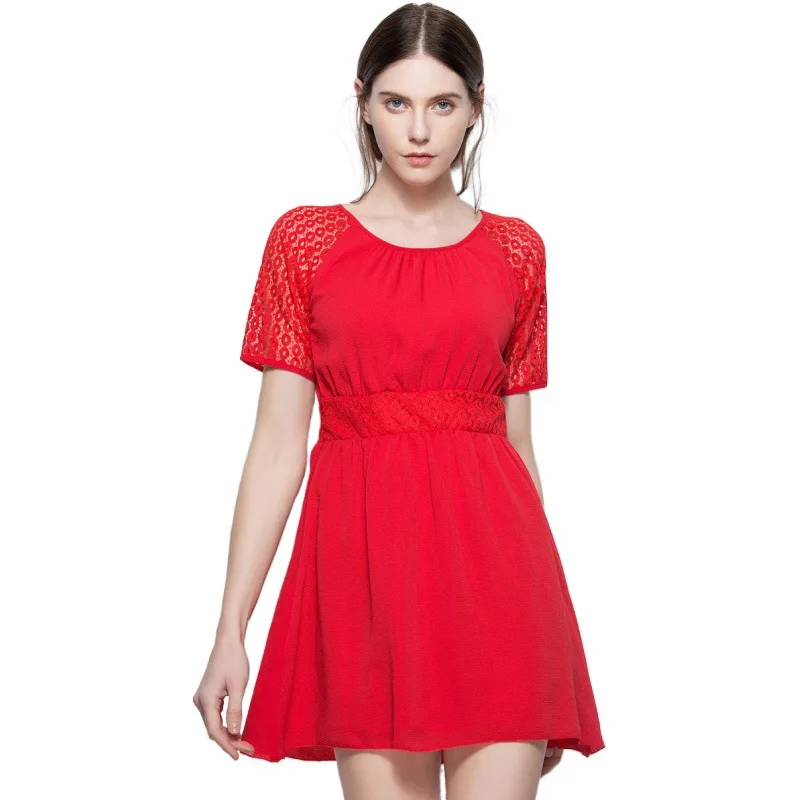 

Amazon cross border 2020 summer European and American fashion solid color short sleeve stitching lace embroidery elastic dress