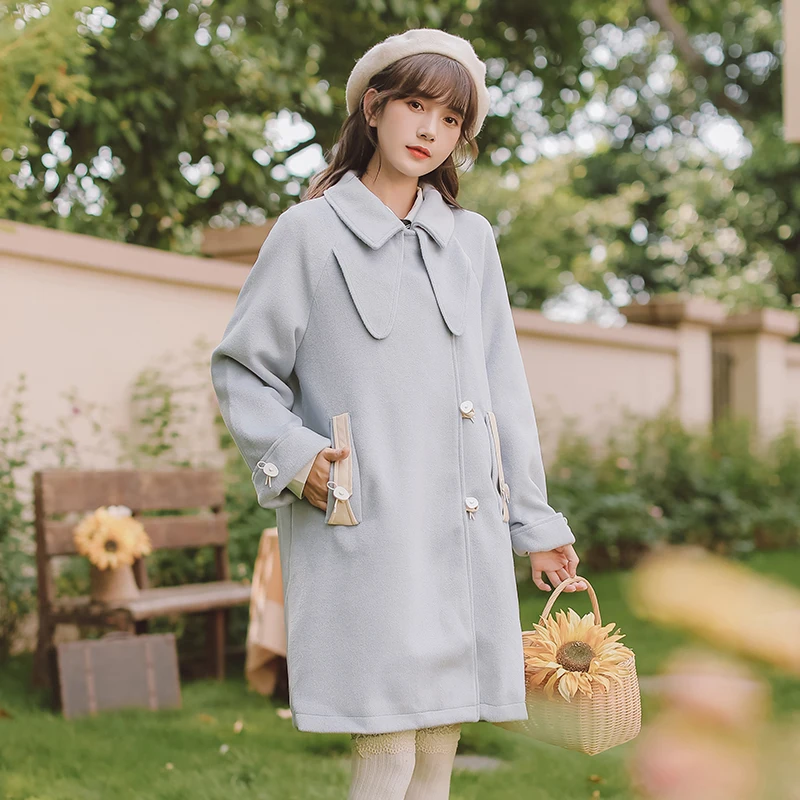 Винтажный элегантный светильник-голубой шерстяной тренчкот в японском стиле, верхняя одежда, Женская свободная повседневная куртка средне...