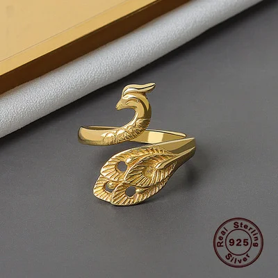 

Real Original Retro Stereo Peacock Fine 925 Sterling Silver Jewelry Rings Resizable Ring for Women Fashion Accessories Hot Sell