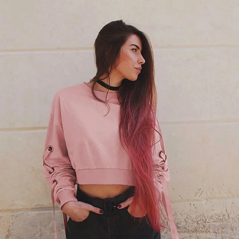 

NANCY TINO Women's Round Neck Casual Lace-up Long-sleeved Cotton Short Cropped Pullover Solid Color Top