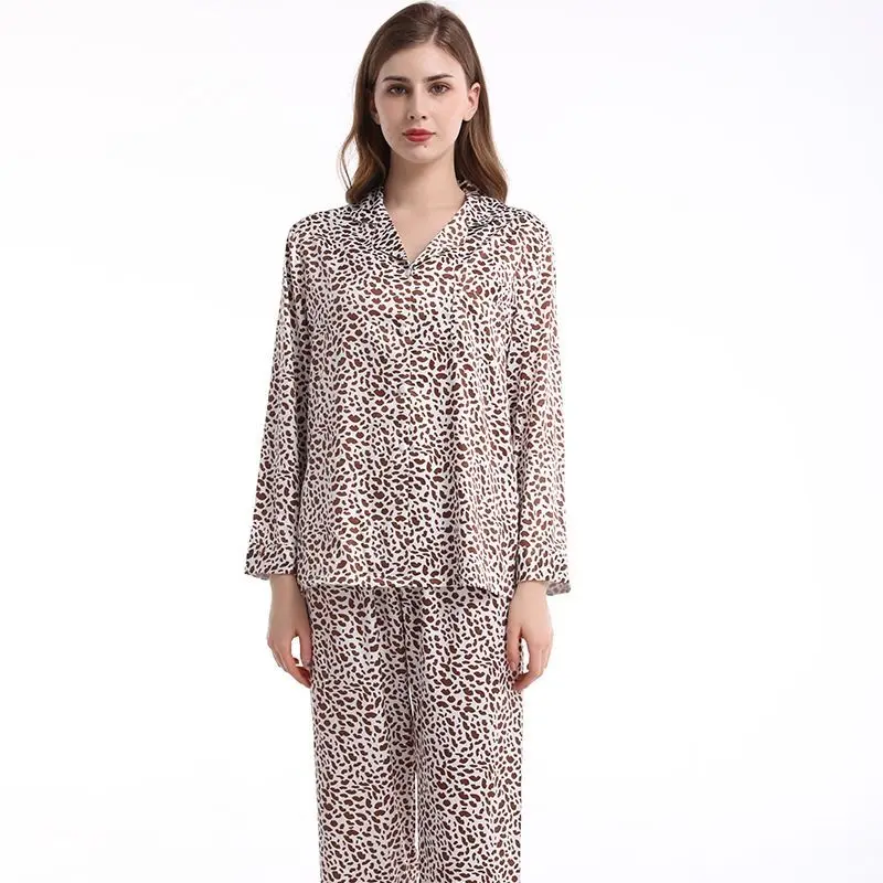 

Sexy Loose Leopard Pattern Home Decoration Suit Silk Like Long Sleeve Trousers Pajamas Women's Sleepwear Suit