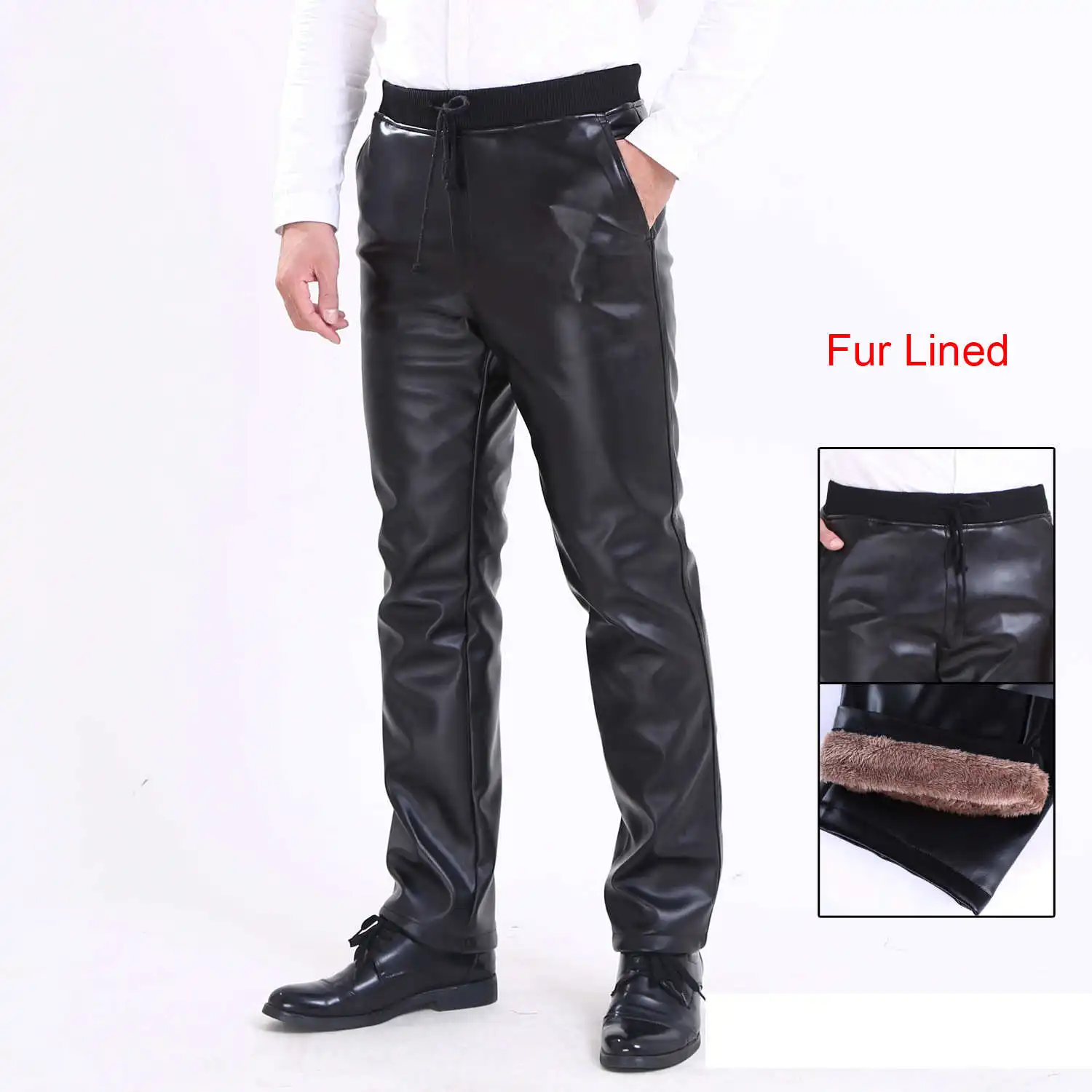 Idopy Для Мужчин's Бизнес Slim Fit эластичные удобные черные Искусственная кожа штаны