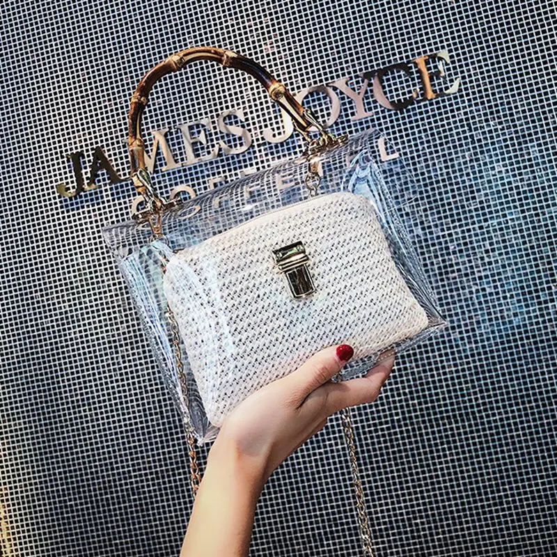 Прозрачная женская сумка с бамбуковой ручкой летняя маленькая Соломенная