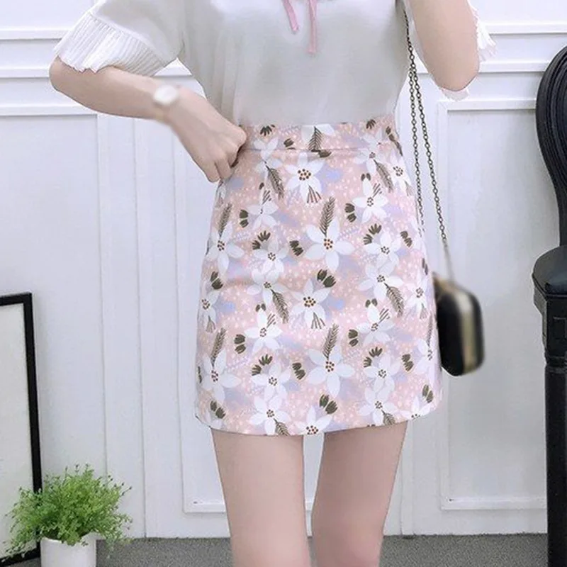 

ETOSELL Summer Skirts Floral Print Female Sweet Skirts Women High Waist Thin A-Line Skirt