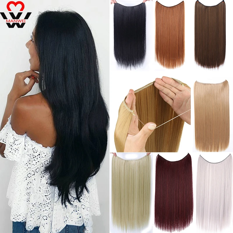 

MANWEI Natural Synthetic Fake No Clip In Halo Hair Extensions Invisible Wire Secret Fish Line Hair Pieces Silky Straight