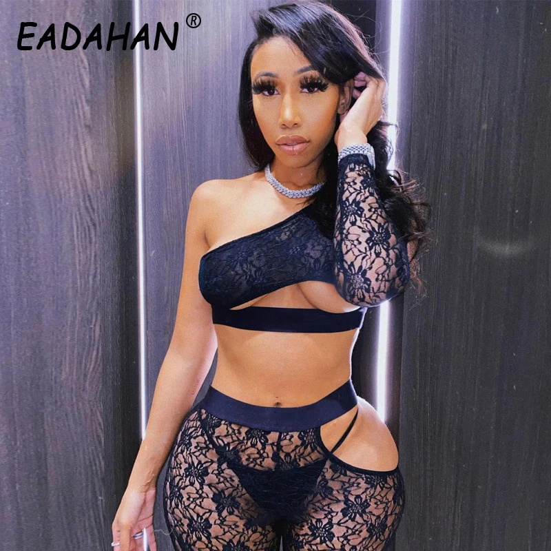 

EADAHA Long Sleeve One -Shoulder Patchwork Lace Women's Top Trouser Suit Two-Pieces Set Autumn Winter Women Sexy Party Tracksuit