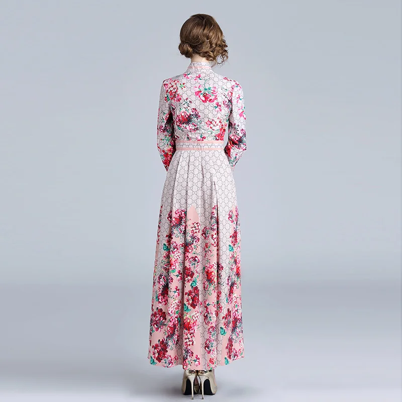 

Hot Thin Rushed Print Floral Dress Long Sleeve Bow Tie Collar Maxi Dresses for Women 2021 Spring women fashion clothing