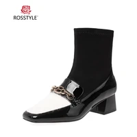 rosstyle high quality woman winter ankle boots handmade genuine leather stretch fabric round toe low heel shoes elegant boots