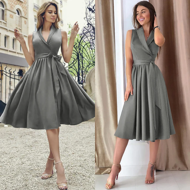 

2021 Summer Women's Fashion Sexy Solid Deep V Neck Sleeveless Open Collar Lace Up Tunic A Line Knee Lenght Dress Ladies