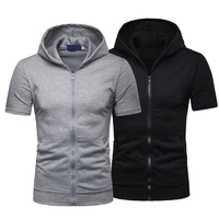 mens zip up hoodie blouse short sleeve hooded zipper sweatshirt jacket coat tops 2020 hot sale pure color casual all match