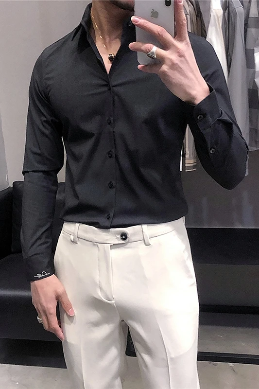 

2021 New Shirts Men Long Sleeve Business Dress Casual Shirts Neckline Embroidery Social Party Blouse Streetwear Chemise Homme