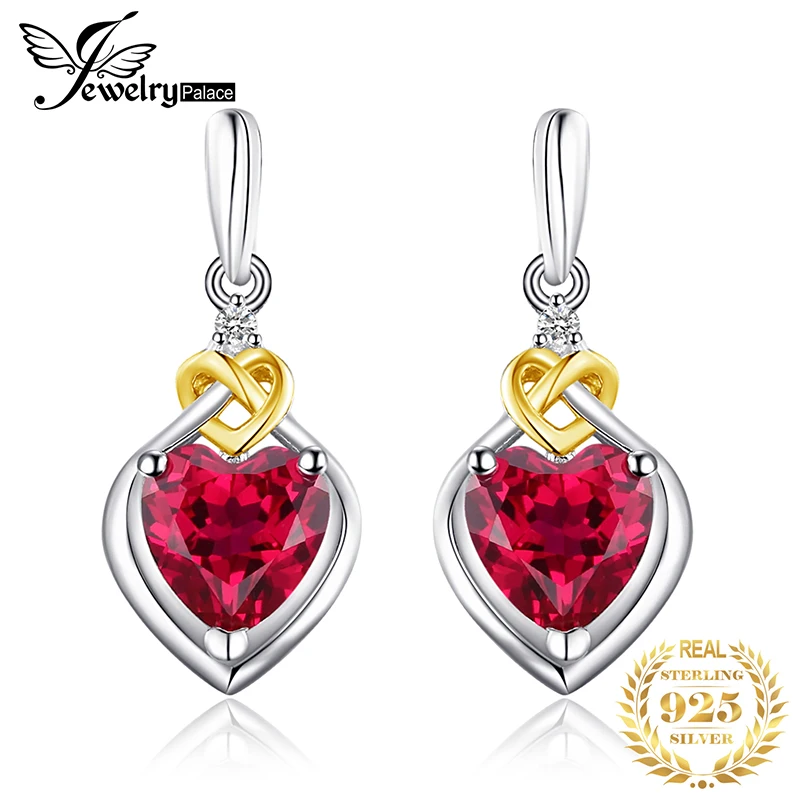 JewelryPalace Любовь Узел Сердце 3.4ct Создания Красный Рубин Годовщина Падения Мотаться Серьги Женщины 925 Стерлингового Серебра 18 К Желтое Золото