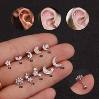 1pc zircon star moon stainless steel flower small hoop stud piercing earrings for women creative ear bone small puncture jewelry