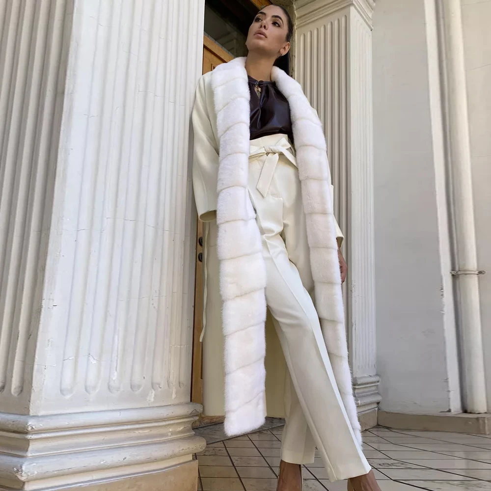 2022 Winter Women Natural Wool Blends Coat with Long Mink Fur Collar High Quality Whole Skin Genuine Mink Fur Cashmere Coats