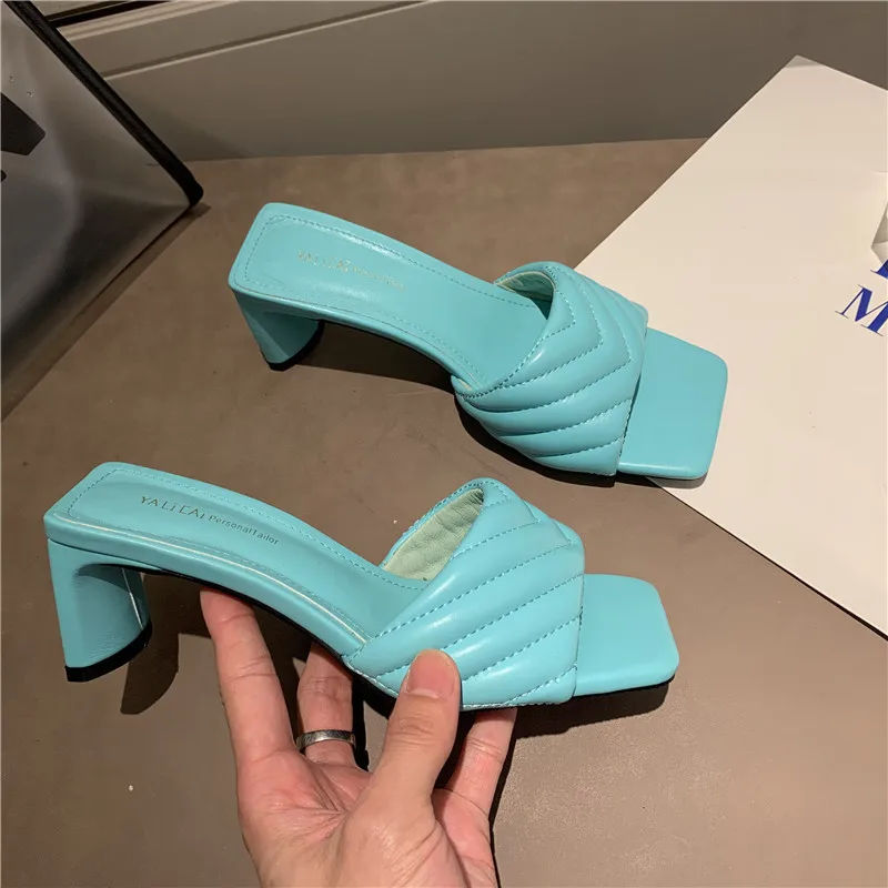 

2021 New Summer Women Slipper Square Toe Sandal Square High Heel Slides Outdoor Slippers Slip On Ladies Shoes Women Sandals