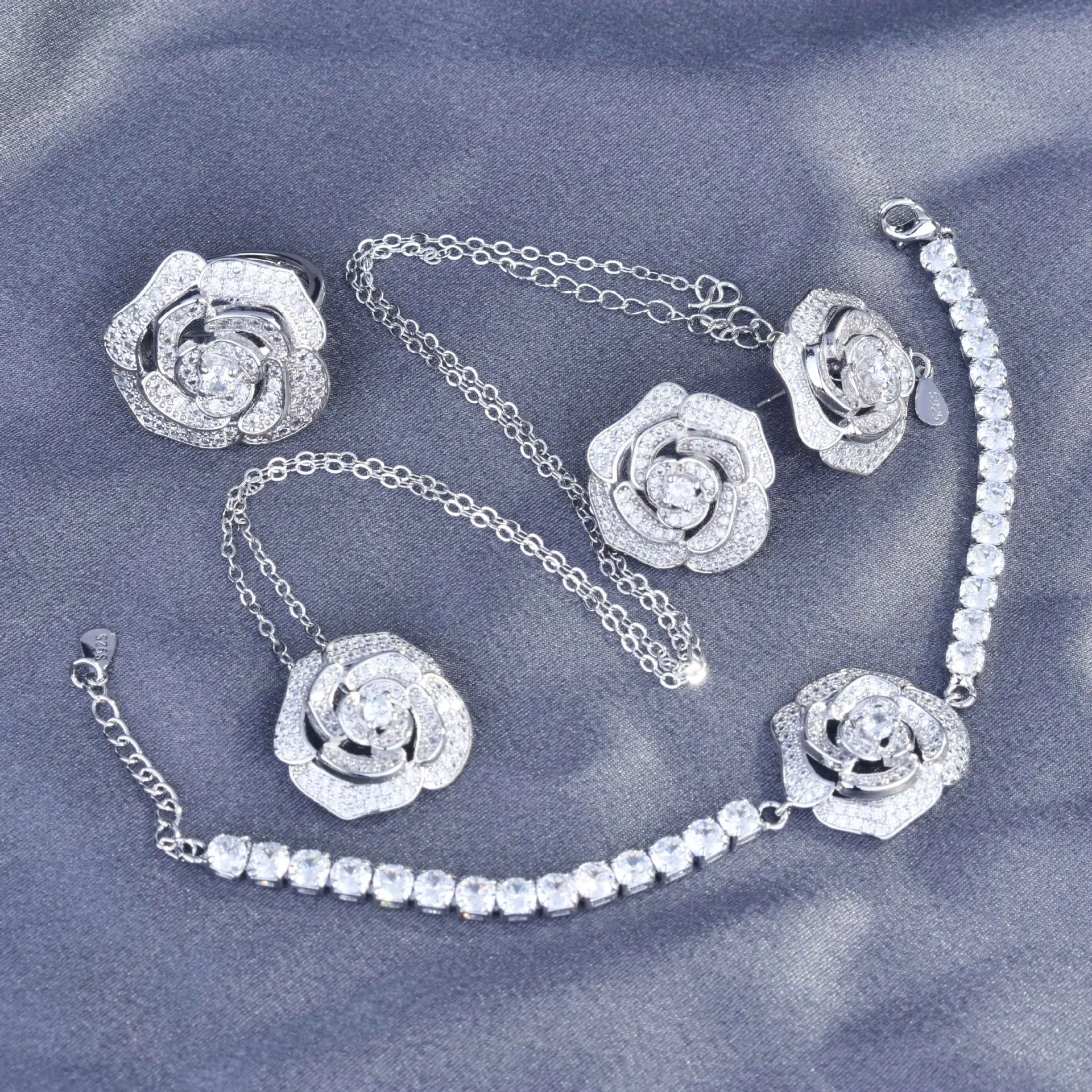 

QTT Brilliant Gorgeous Flower Forever Jewelry Set For Women White Crystal 925 Silver Necklace Earrings Ring Bracelet Sets 2021