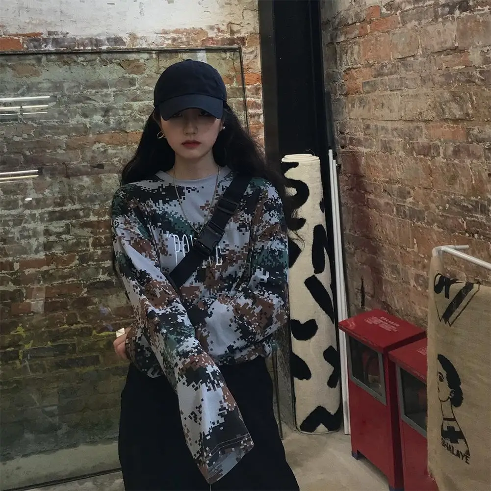 

Women T-Shirt Casual Long Sleeve O Neck Letters Print Camouflage Loose T-shirt Women's Clothing 2021