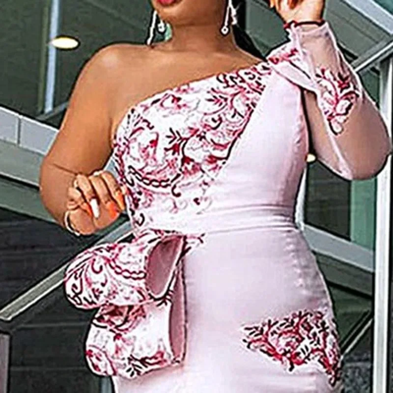 2021 Foral Print Pink One Shoulder Dress Tunic Peplum African vestidos de fiesta Bodycon Long Mermaid for Wedding Party | Женская одежда