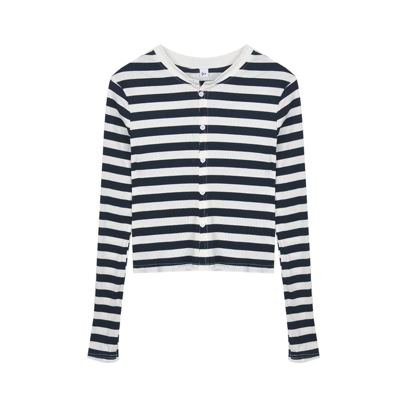 

Western Style Slim Striped Long-sleeved Knit Top Women Spring and Autumn Rretro Wild Cardigan Jacket Long Sleeve Top Coat NS2669
