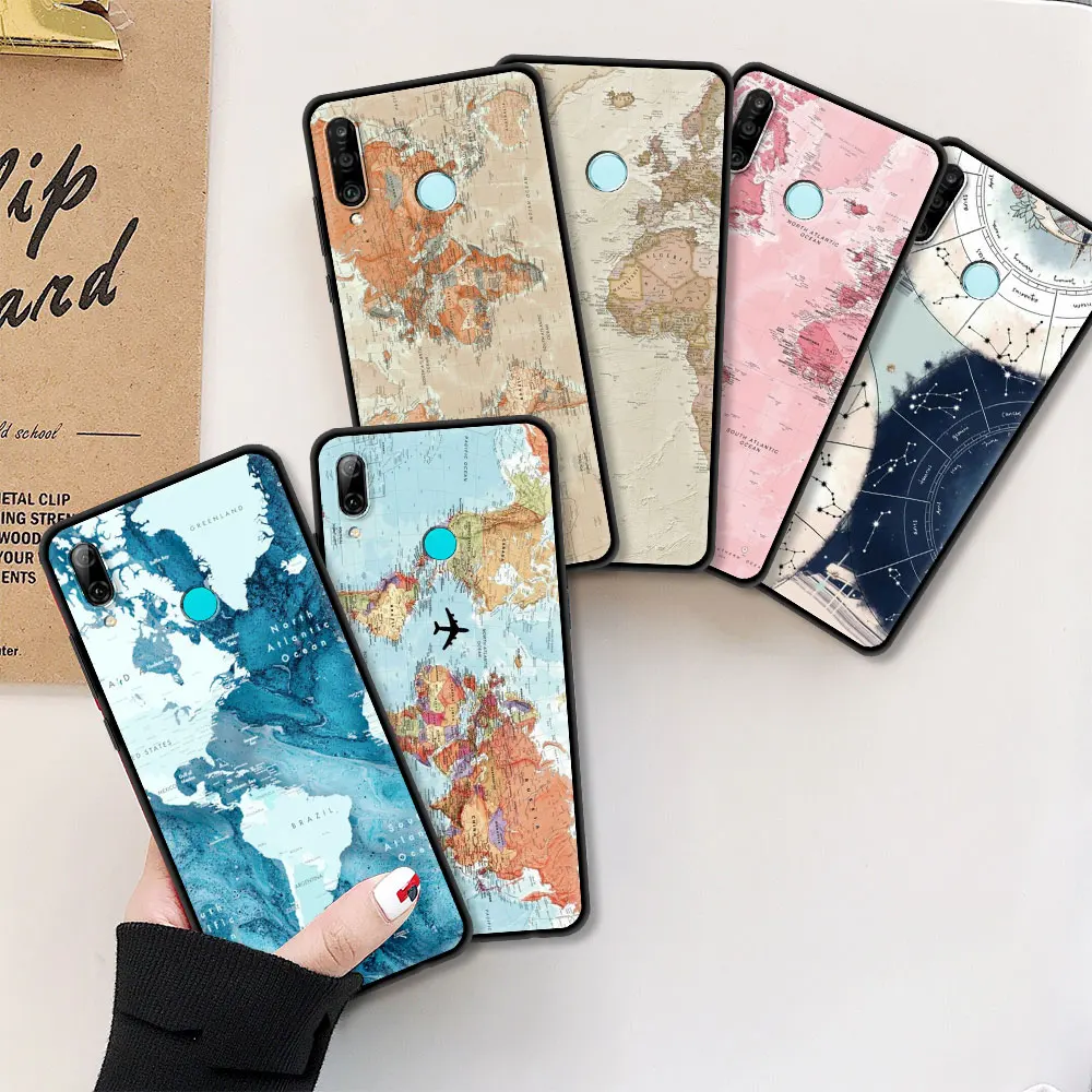 

Stylish Smartphone Case For Huawei P30 Pro P Smart Z P40 Lite E Black Soft Cover P20 Y6 Y7 Honor 9X 9S Coque World Map Travel