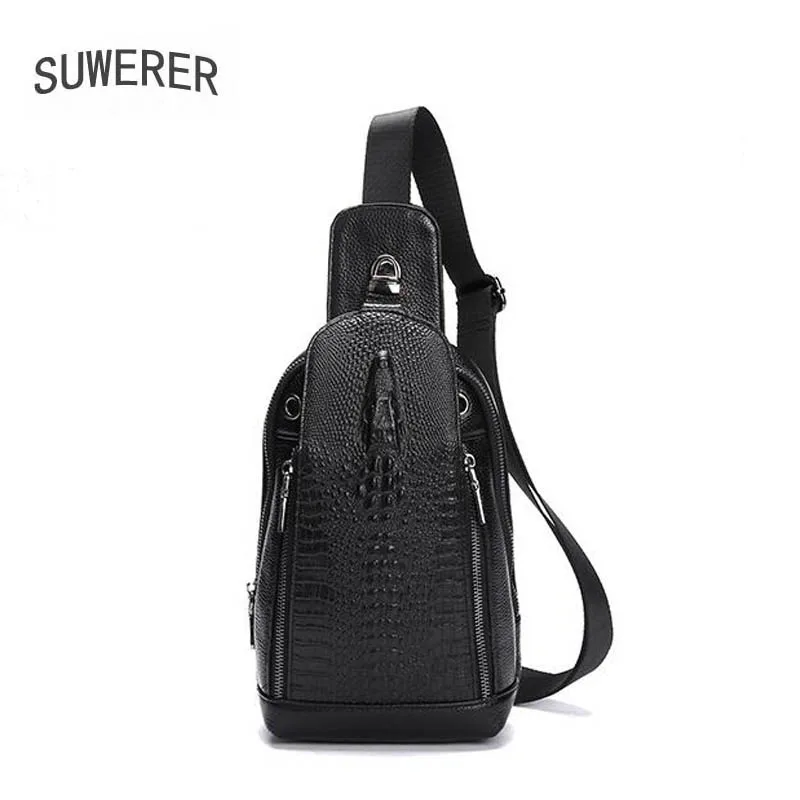 

SUWERER Genuine Leather Men bag Leather men's chest bag casual real cowhide leather crocodile pattern men's crossbody bag