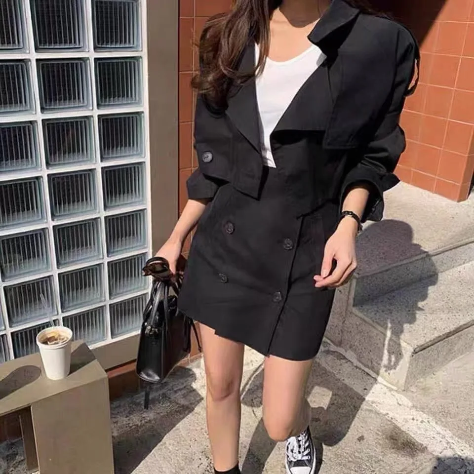 

South Korea INS Retro Temperament Suit Windbreaker Short Coat+Mini Skirt 2021 Spring Autumn New Womens Fashion Two Pieces Set