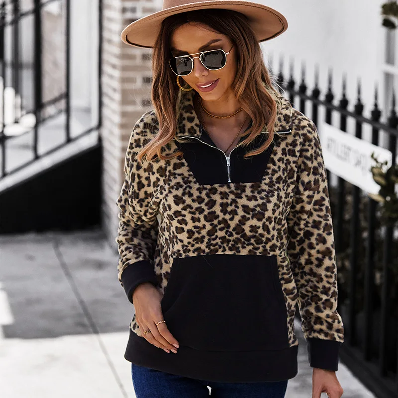 

Autumn Winter Fashion Women Zipper Pullovers Elegant Vintage Splicing Leopard Faux Fur Women V-neck Streetwear Top New Sell Well