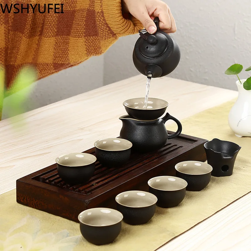 Чайный набор из черной керамики кунг-фу портативный дорожный чайный комплект 10