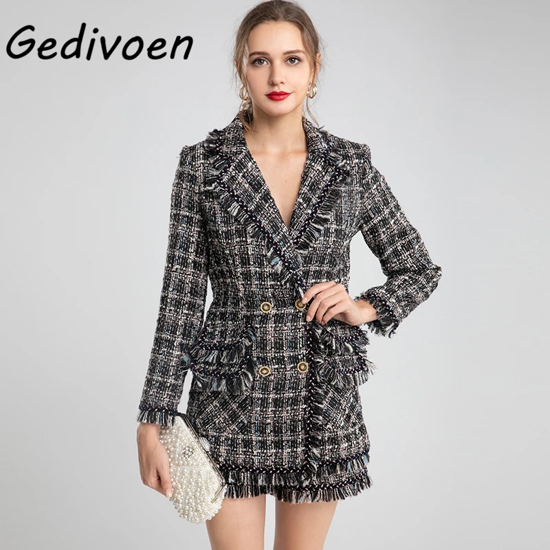 

Gedivoen Autumn Winter Runway Tweed Skirt Suit Women's Long Sleeve Spliced Tassel Double Breasted Coat + Shorts Two Piece Set