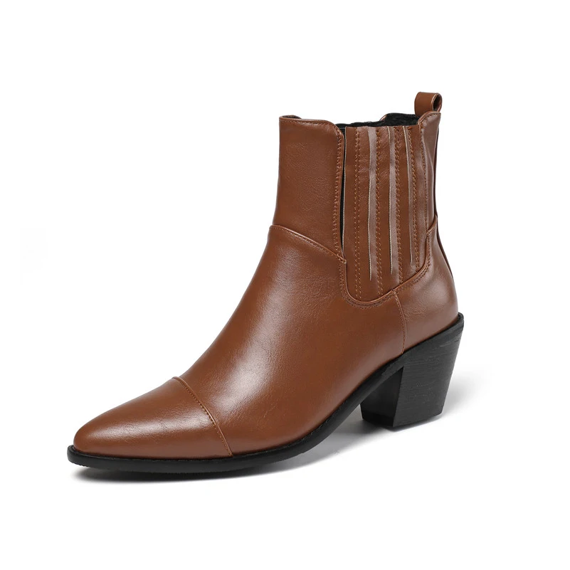 

ANNYMOLI Chelsea Boots Woman High Heel Ankle Boots Chunky Heel Shoes Pointed Toe Short Boots Female Autumn Winter Brown Size 46
