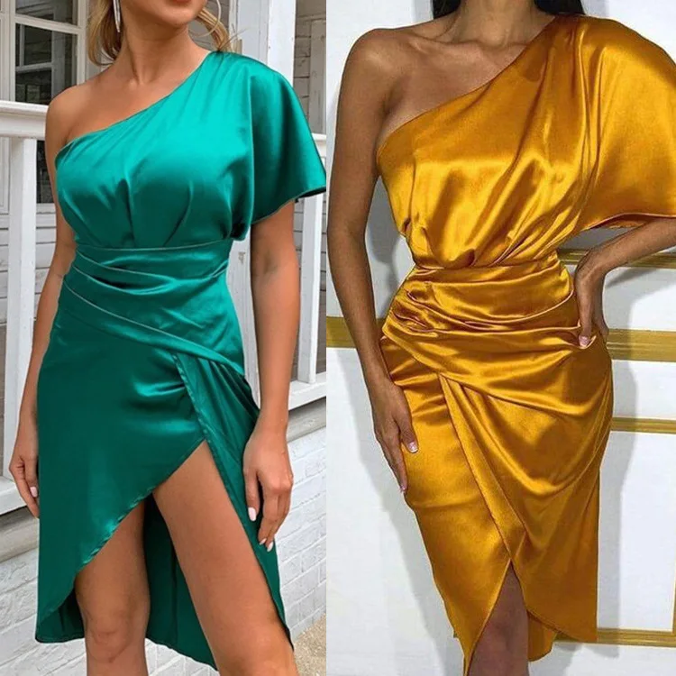 

Женское платье с косой лямкой и талией, тонкое асимметричное шелковое и атласное платье с разрезом, облегающие сексуальные элегантные плат...