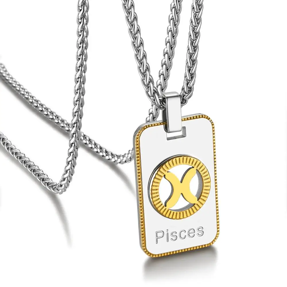 

U7 12 Constellation Zodiac Pendant Necklace with Chain 316L Stainless Steel Dog Tag Star Sign Necklace for Men Women Girls P1060