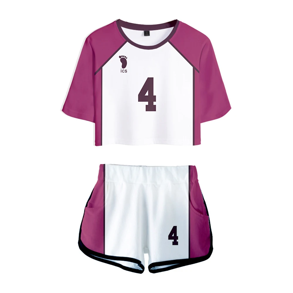 

New Fashion High Quality ladies 3D suit Haikyu!! 3D printing sexy crop T-shirt + shorts cool suit
