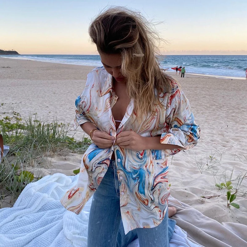 

Женская рубашка с воротником на пуговицах и лацканами, модный Свободный Топ с абстрактным принтом зебры и длинным рукавом, подходит для все...