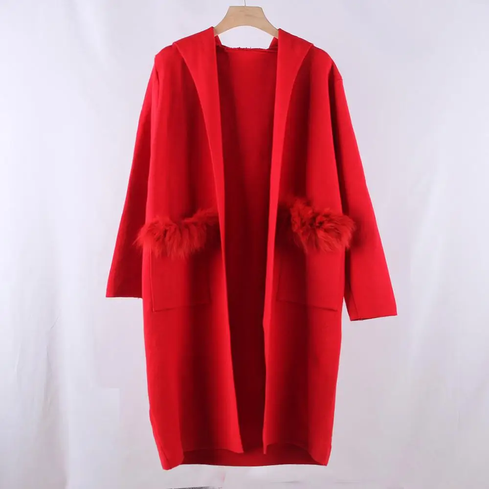 Длинный кардиган из лисьего меха женский свитер повседневное осеннее вязаное